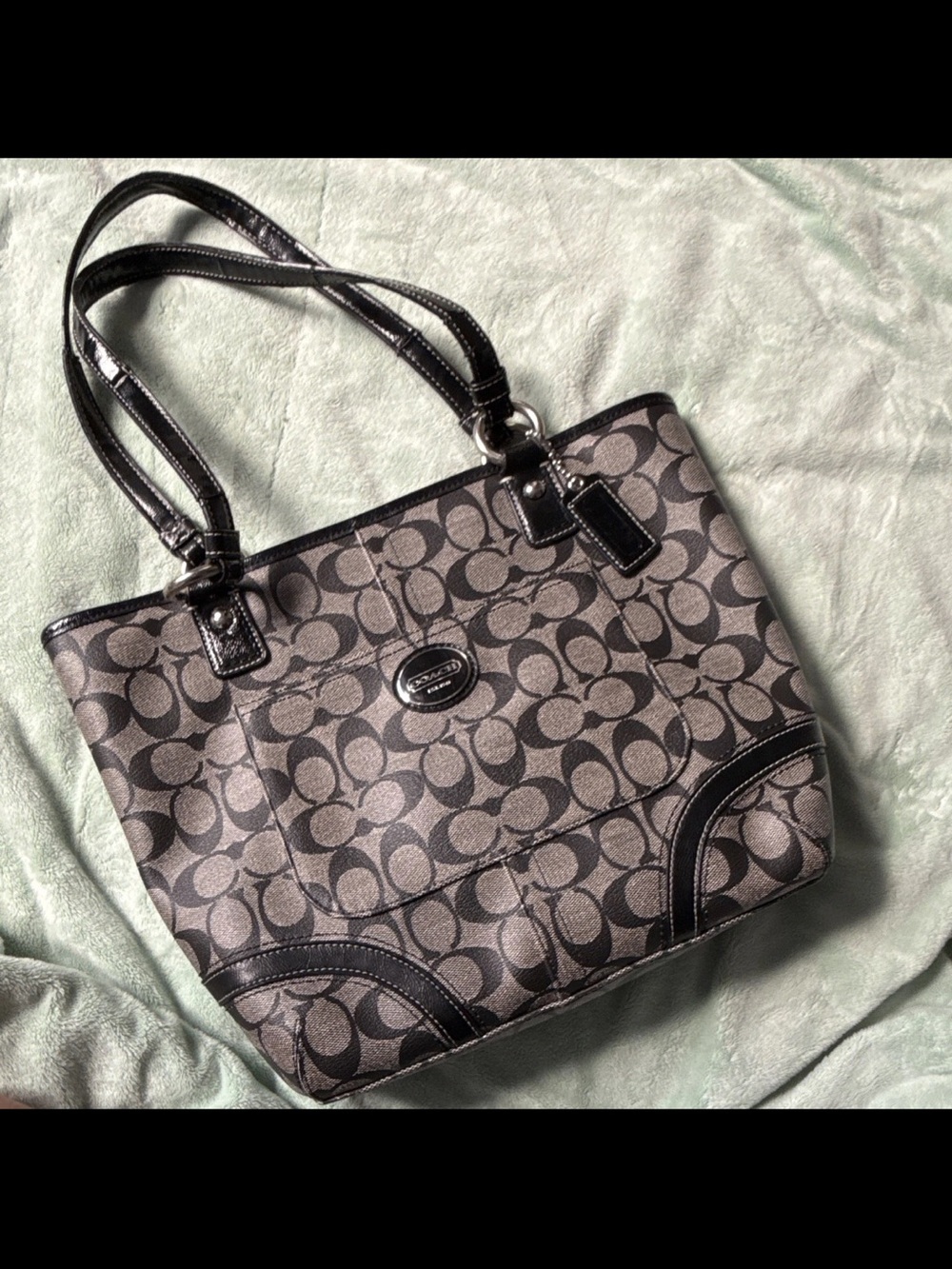 Coach Monogram Canvas Tote in Black and Gray with Patent Trim